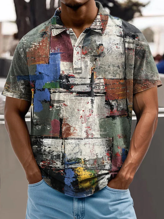 Abstract Art Colorful Oil Painting Color Block Decoration Pattern Casual 100% Cotton Shirt