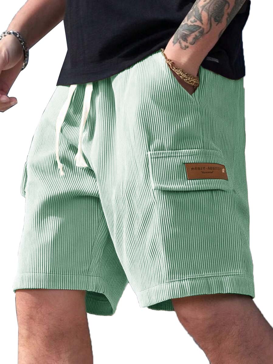 Men's Fashion Retro Workwear Pocket Ribbed Embroidered Logo Shorts
