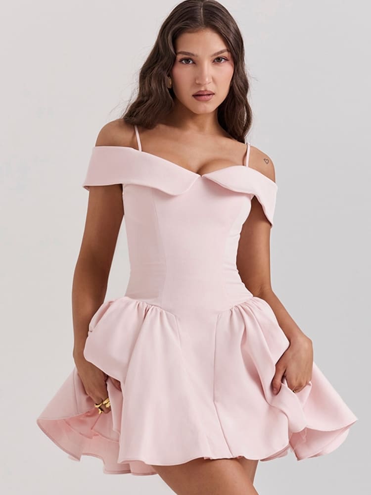 Ballet Pink Off-Shoulder Spaghetti Strap Mini Dress