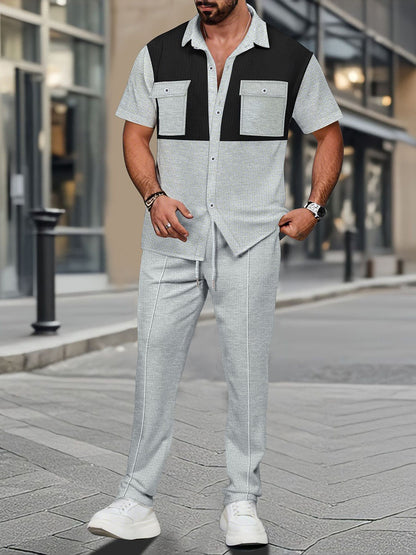 Men's Waffle Button Pockets Colorblock Short Sleeves Shirt and Pants Two-piece Suit