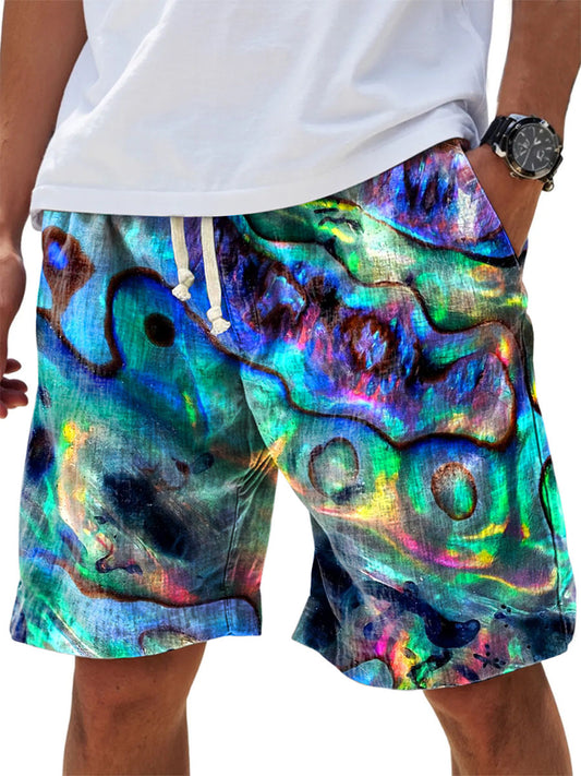 Men's Vintage Multicolor Art Print Cotton And Linen Beach Shorts