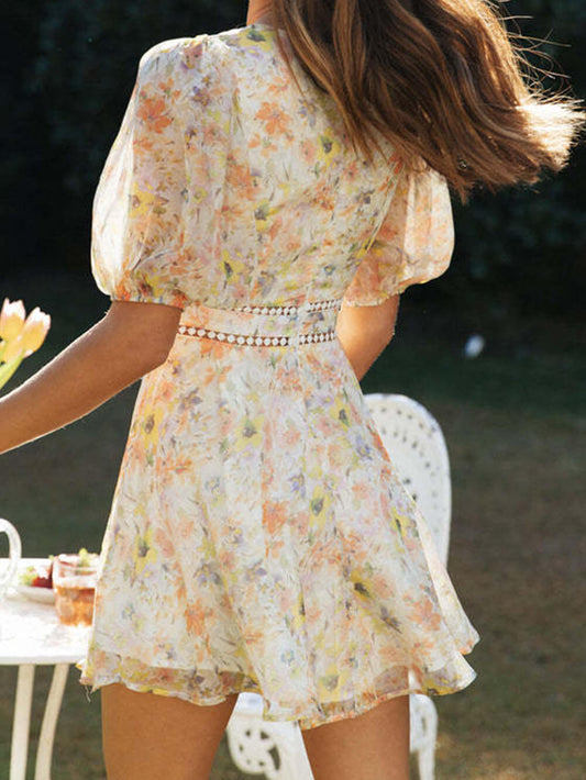 Chiffon Printed V-Neck Puff Sleeve Mini Dress