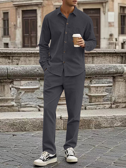 Men's Corduroy Casual Lapel Button Shirt Long Sleeve Pants Set