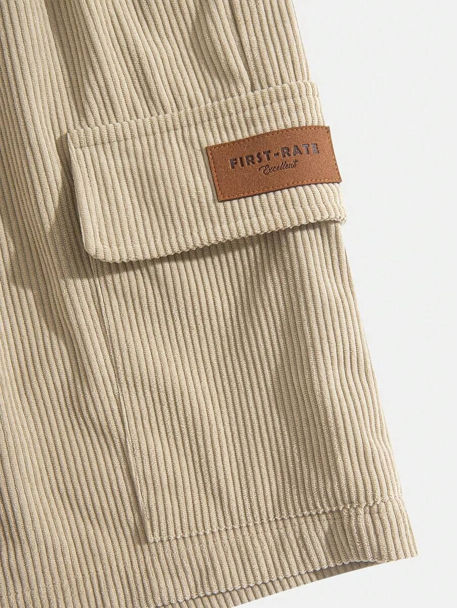 Men's Fashion Retro Workwear Pocket Ribbed Embroidered Logo Shorts