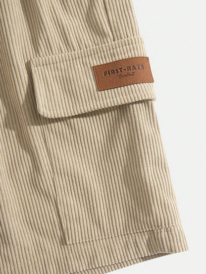 Men's Fashion Retro Workwear Pocket Ribbed Embroidered Logo Shorts