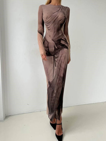 Printed Side Slit Long-Sleeved Maxi Dress