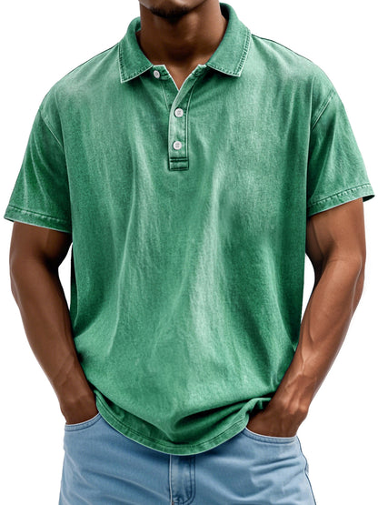 Men's Vintage Washed And Distressed Pure Cotton Lapel Short-sleeved Polo Shirt