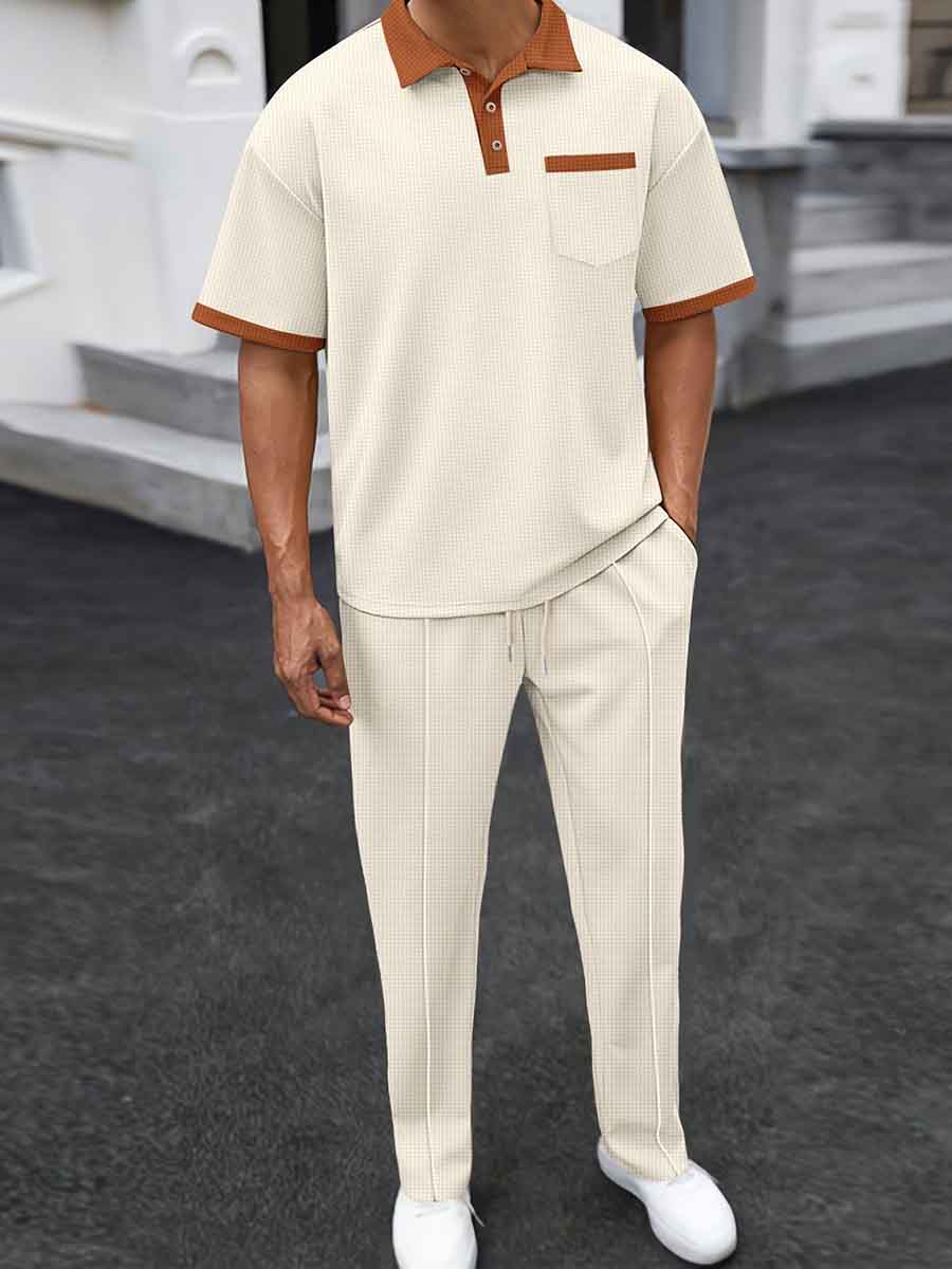 Men's Waffle Lapel Colorblock Short Sleeves Long Pants Two-piece Casual Suit
