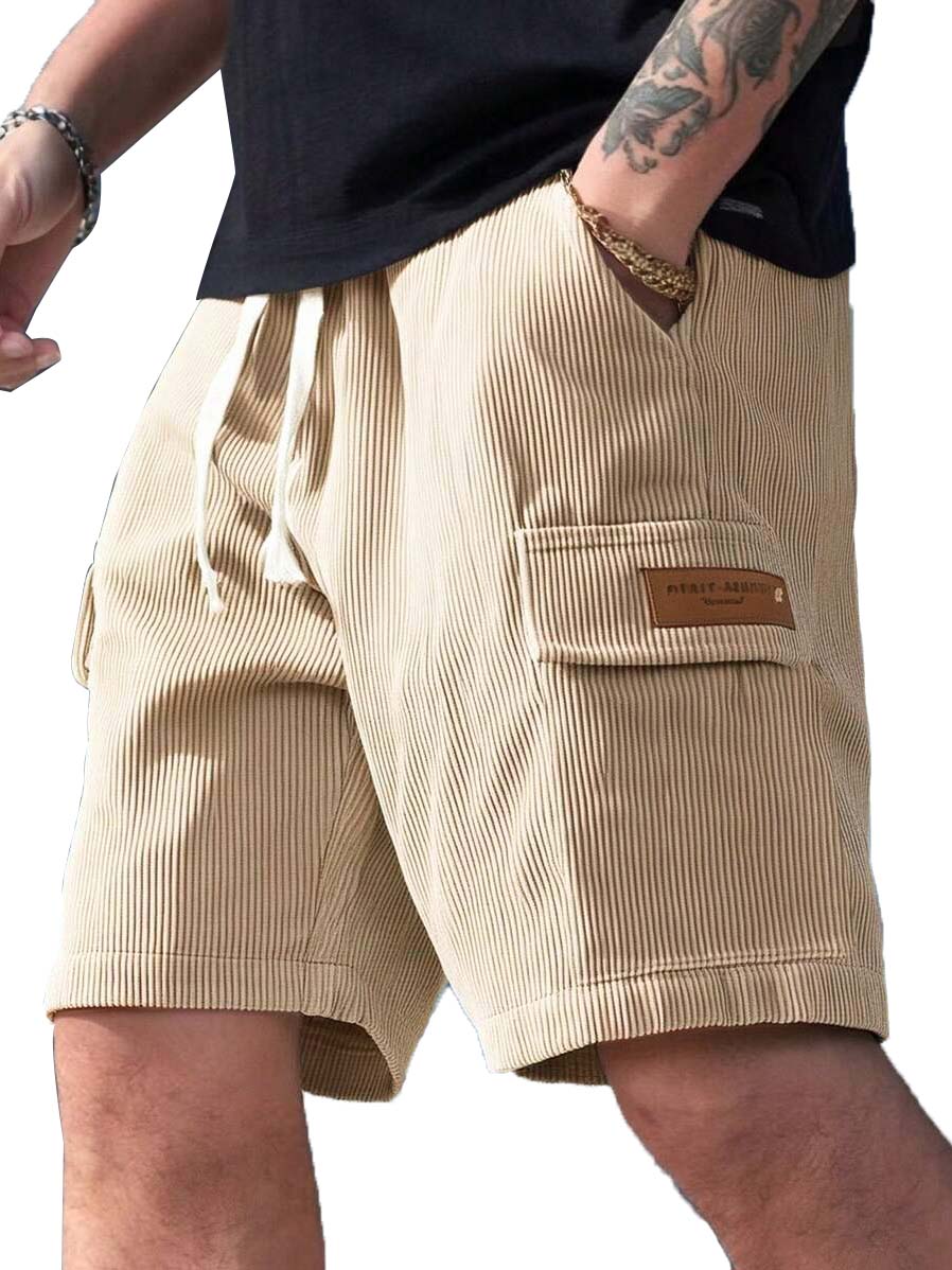 Men's Fashion Retro Workwear Pocket Ribbed Embroidered Logo Shorts