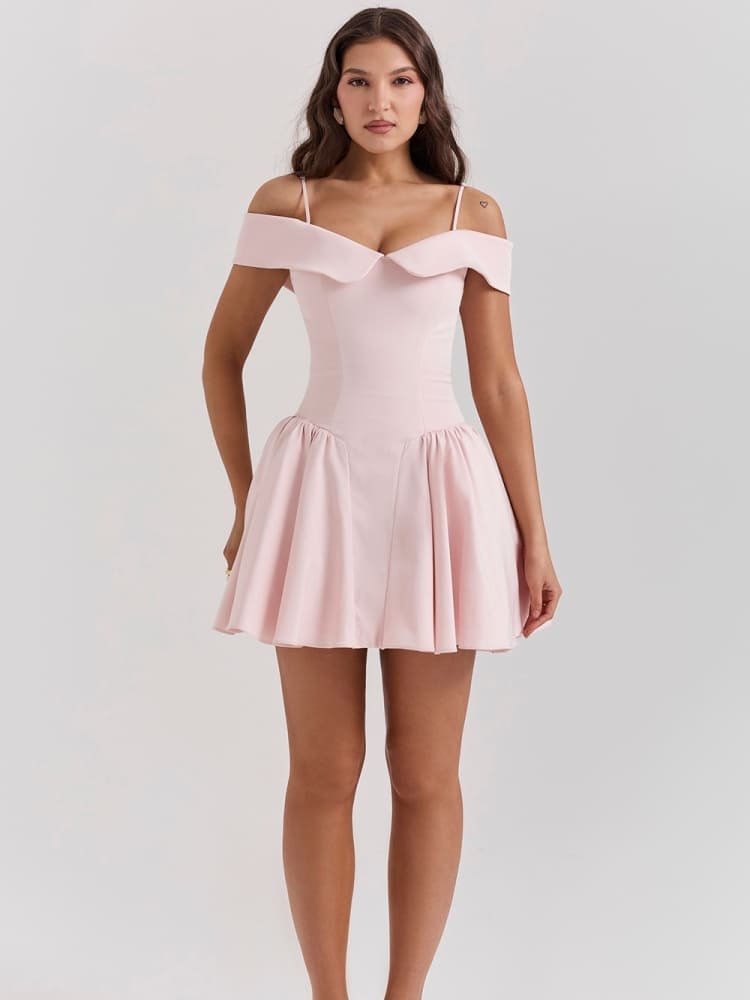 Ballet Pink Off-Shoulder Spaghetti Strap Mini Dress