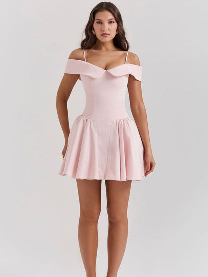 Ballet Pink Off-Shoulder Spaghetti Strap Mini Dress