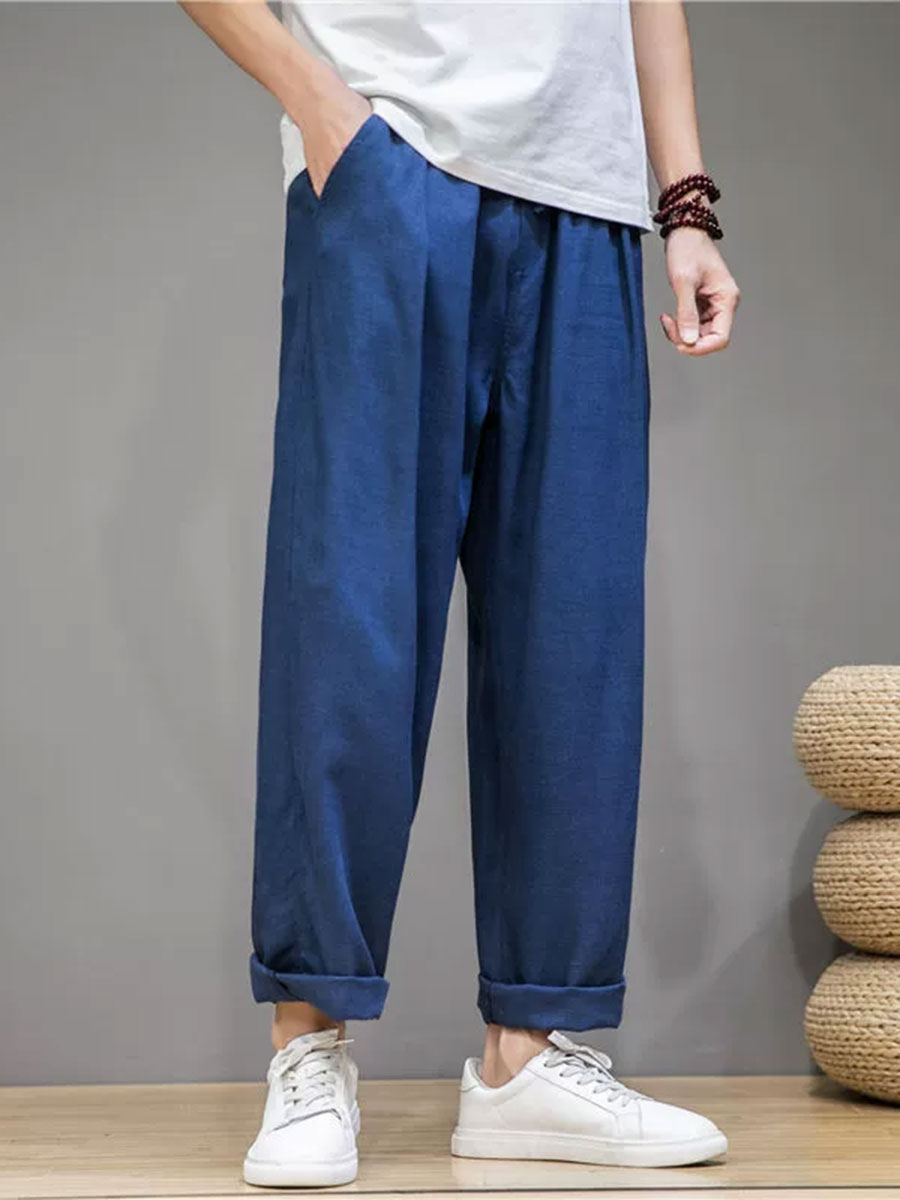 Men's Cotton Linen Plain Elastic Drawstring Waist Wide Leg Pants