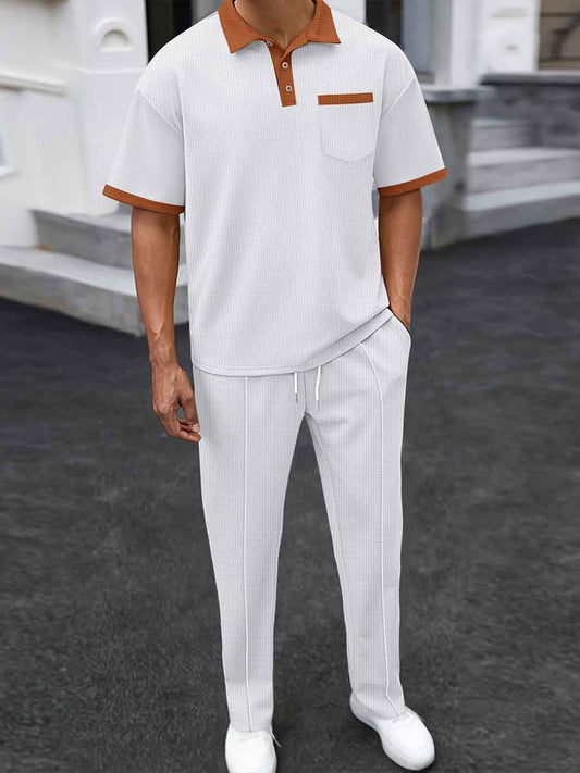 Men's Waffle Lapel Colorblock Short Sleeves Long Pants Two-piece Casual Suit
