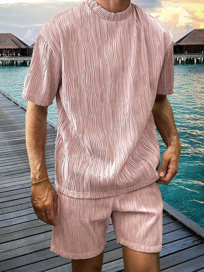 Men's Pleated Two-piece Texture Holiday Casual T-shirt Shorts Set