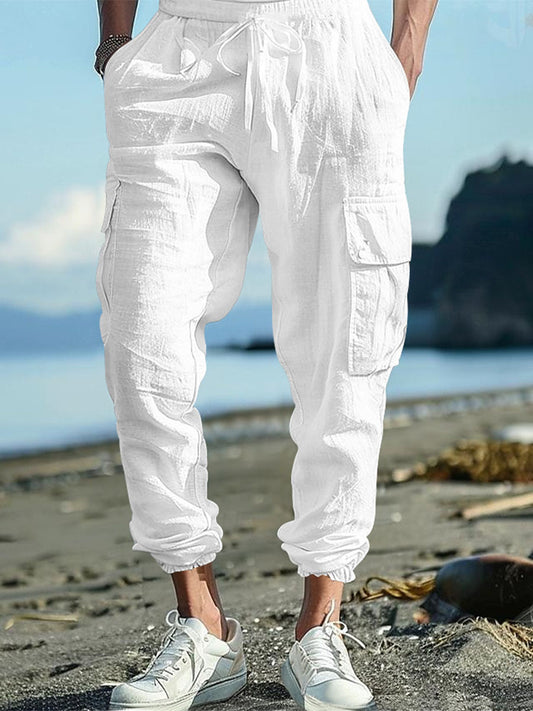 Men's Casual Multiple Pockets Drawstring Solid Color Cotton and Linen Work Pants