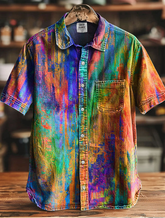 Vintage Rainbow Mottled Art Cat Print Casual 100% Cotton Shirt
