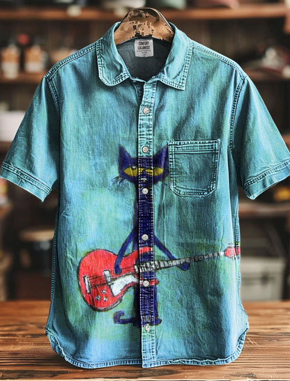 Retro Guitar Cat Art Print Casual Short Sleeve T-shirt