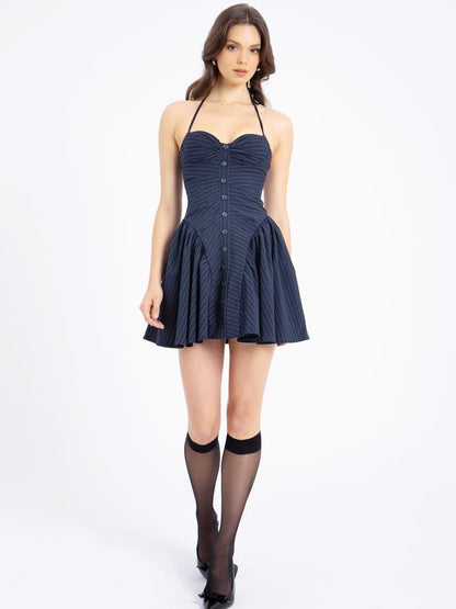 Navy Blue Pinstripe Halter Low-Waist Mini Dress
