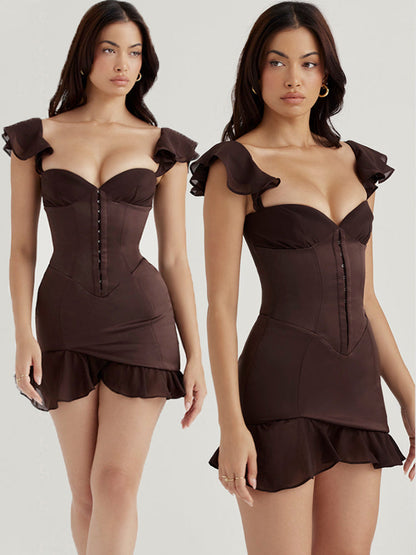 Dark Coffee Ruffle Bustier Mini Dress
