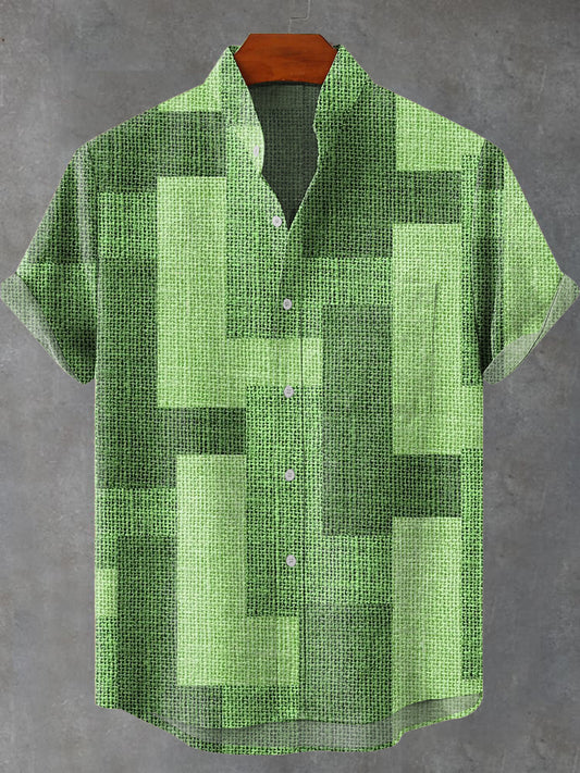 Green Rectangular geometry Vintage Print Casual 100% Cotton Shirt