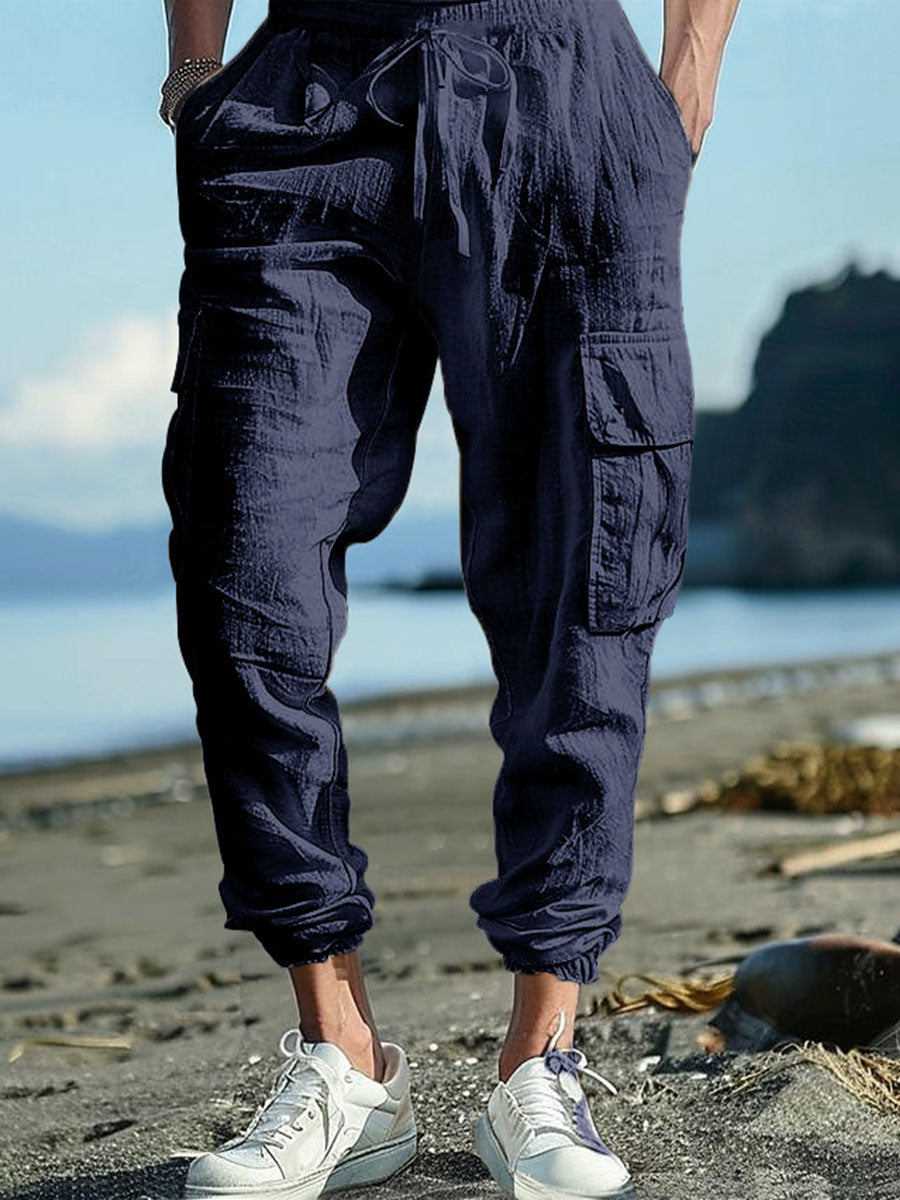 Men's Casual Multiple Pockets Drawstring Solid Color Cotton and Linen Work Pants