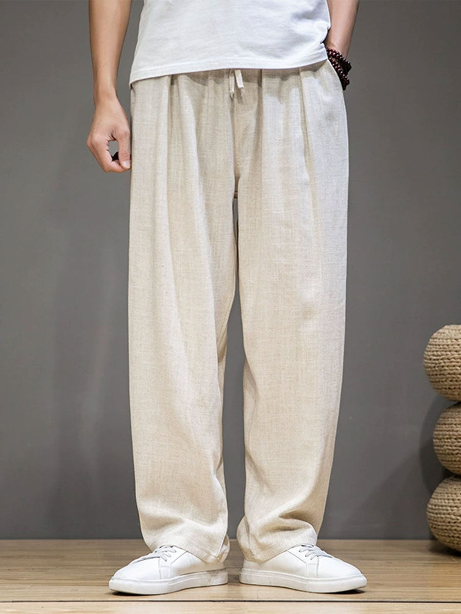 Men's Cotton Linen Plain Elastic Drawstring Waist Wide Leg Pants