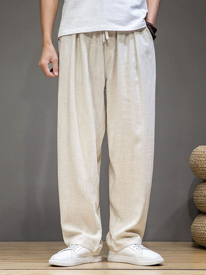 Men's Cotton Linen Plain Elastic Drawstring Waist Wide Leg Pants