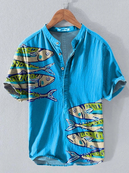 Men's Blue Ocean Sardines Print Cotton And Linen Beach Shorts