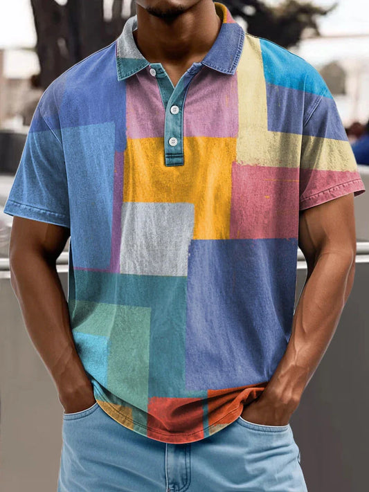 Abstract Art Colorful Geometric Squares Decoration Pattern Casual 100% Cotton Shirt