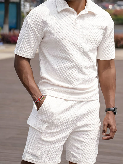 Men's Casual Button-down Lapel Shirt Solid Color Short-sleeved Shorts Suit
