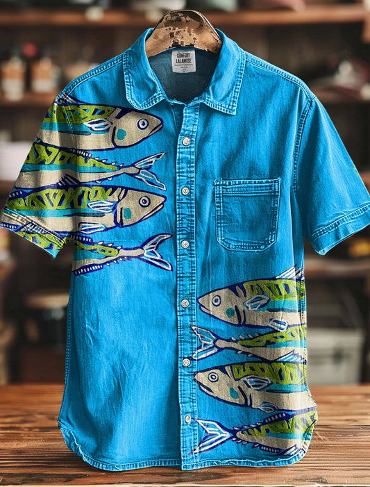 Men's Blue Ocean Sardines Print Cotton And Linen Beach Shorts