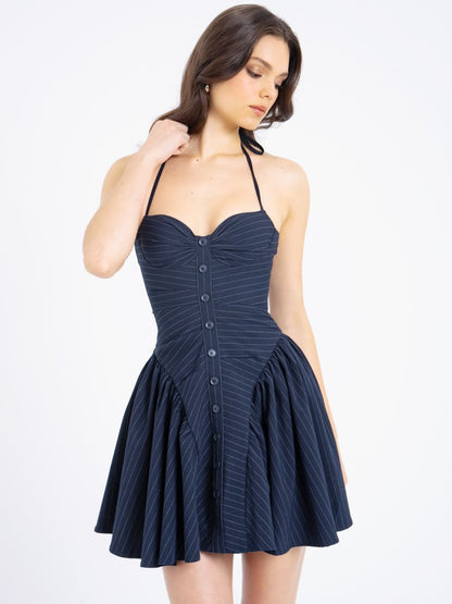 Navy Blue Pinstripe Halter Low-Waist Mini Dress