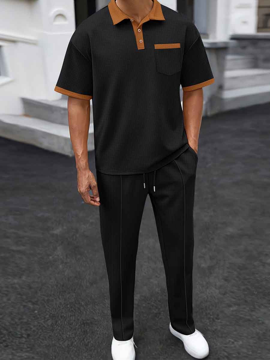 Men's Waffle Lapel Colorblock Short Sleeves Long Pants Two-piece Casual Suit