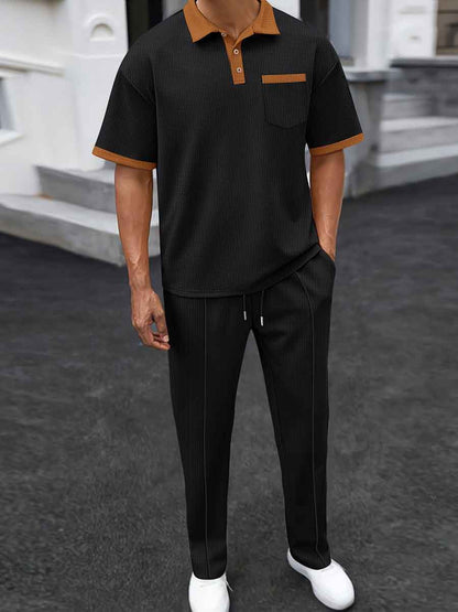 Men's Waffle Lapel Colorblock Short Sleeves Long Pants Two-piece Casual Suit
