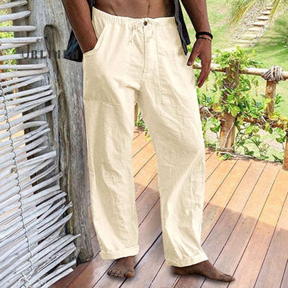 Men's Linen Elastic Waist Drawstring Pocket Loose Casual Pants
