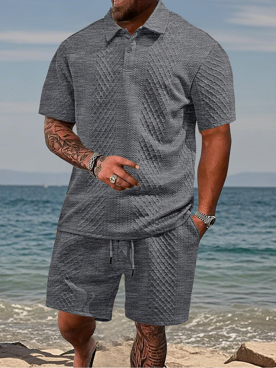 Men's Jacquard Casual Lapel Shorts Set
