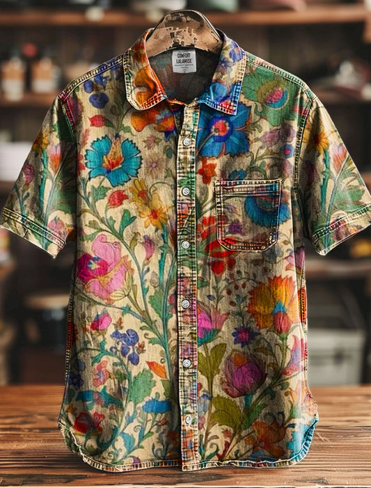 Vintage Indian Art Flowers Print Casual 100% Cotton Shirt