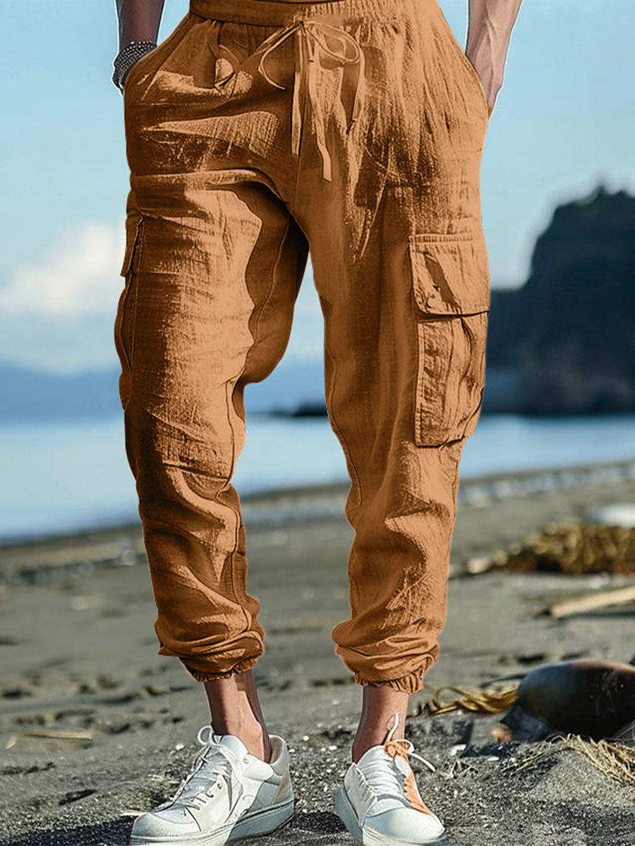 Men's Casual Multiple Pockets Drawstring Solid Color Cotton and Linen Work Pants