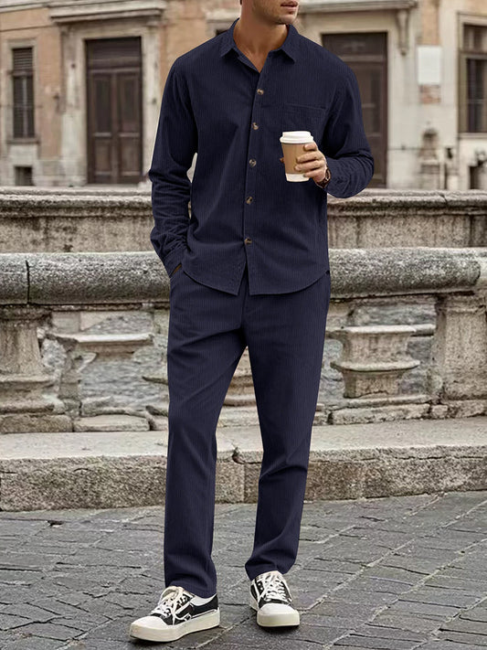 Men's Corduroy Casual Lapel Button Shirt Long Sleeve Pants Set