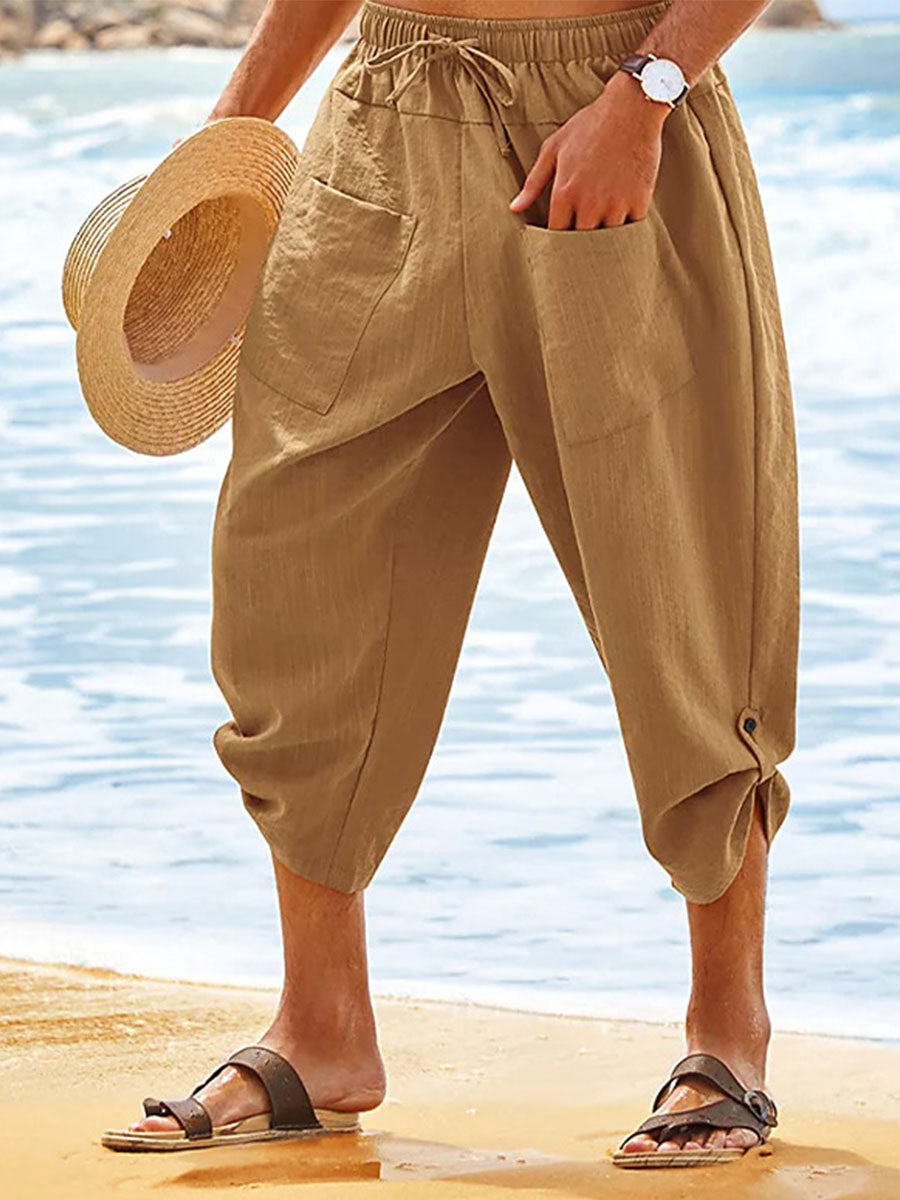 Men's Casual Capri Lace-up Pockets Cotton Linen Pants