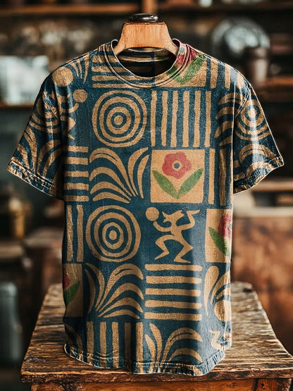 Retro Art Ethnic Floral Pattern Lines Print 100% Cotton Denim Shirt