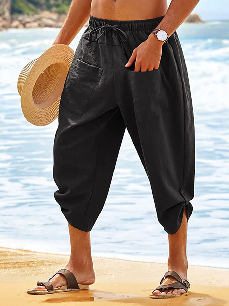 Men's Casual Capri Lace-up Pockets Cotton Linen Pants