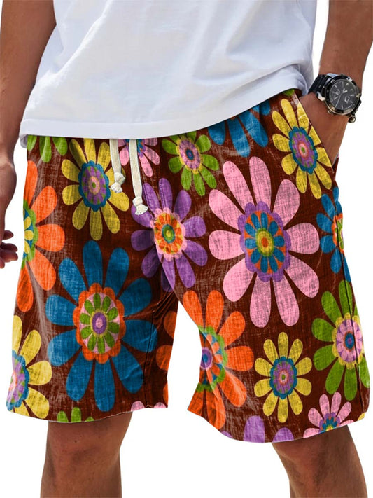 Colorful Large Flower Decorative Pattern Cotton And Linen Beach Shorts