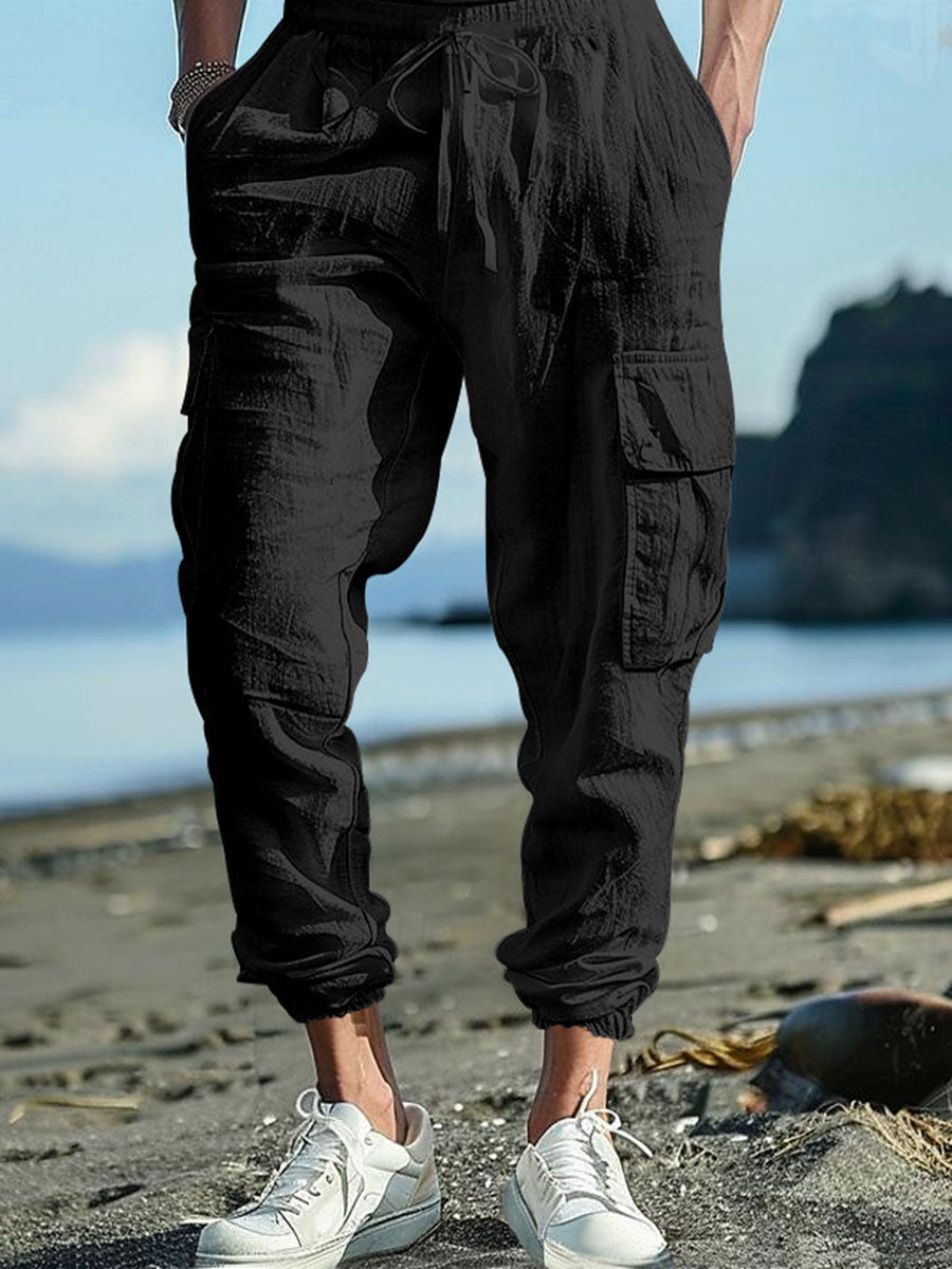 Men's Casual Multiple Pockets Drawstring Solid Color Cotton and Linen Work Pants