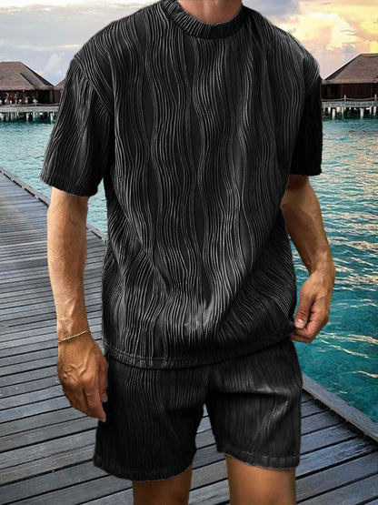 Men's Pleated Two-piece Texture Holiday Casual T-shirt Shorts Set