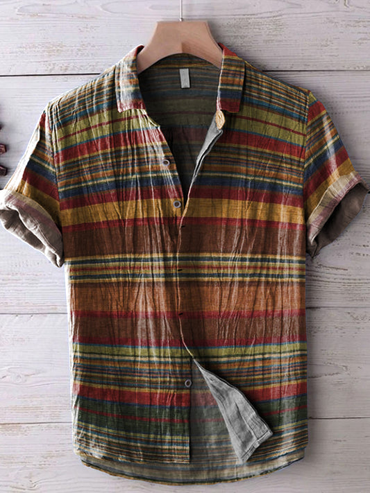 Colorful Horizontal Stripes Decorative Pattern Casual Cotton And Linen Shirt