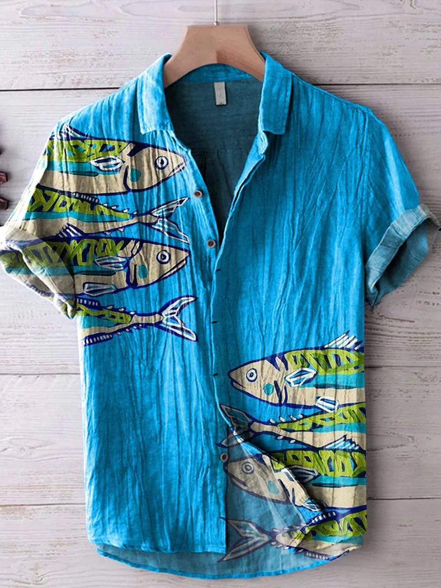 Men's Blue Ocean Sardines Print Cotton And Linen Beach Shorts