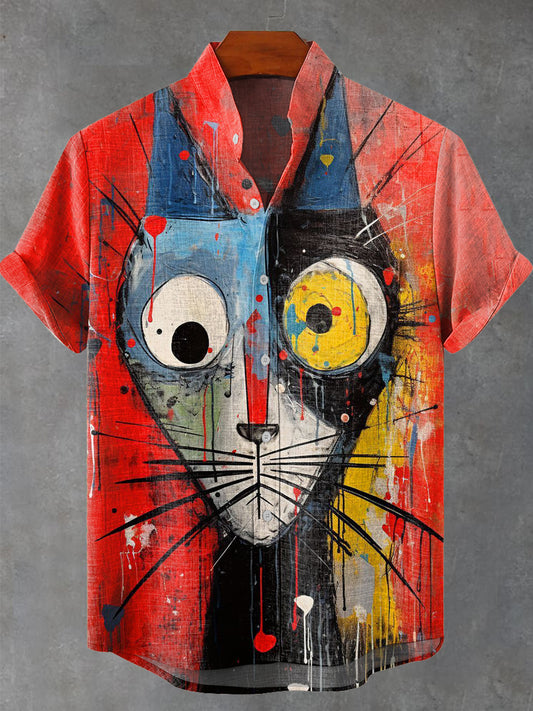 Graffiti Abstract Art Cat Vintage Print Casual 100% Cotton Shirt