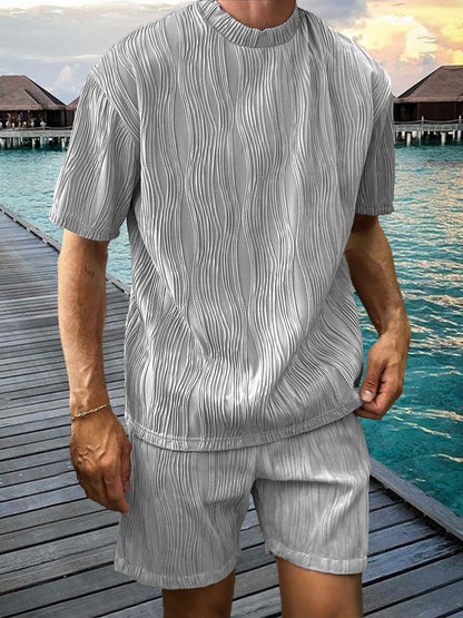 Men's Pleated Two-piece Texture Holiday Casual T-shirt Shorts Set