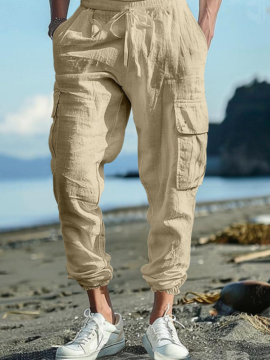 Men's Casual Multiple Pockets Drawstring Solid Color Cotton and Linen Work Pants